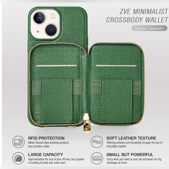 iPhone 13 Wallet Case Crossbody, dark green 
For 6.1” - Picture 7 of 14